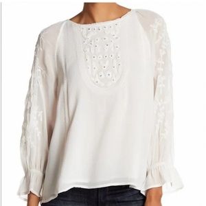 Joie White Sheer Sleeve Embroidered Blouse
